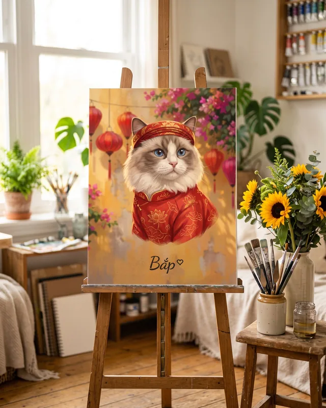 Tranh chó mèo mặc áo dài Việt Nam · mèo Ragdoll